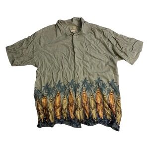 Morro Bay Mens Large Sage Green Rayon Surfboard Palm Tree Aloha Camp Shirt